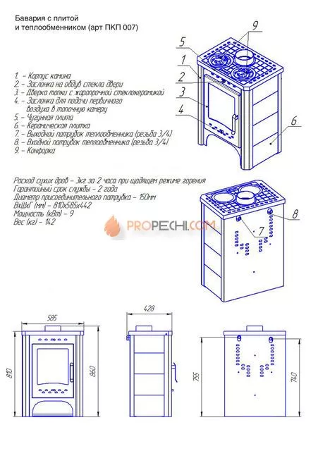 Печь-камин Бавария с плитой и теплообменником
