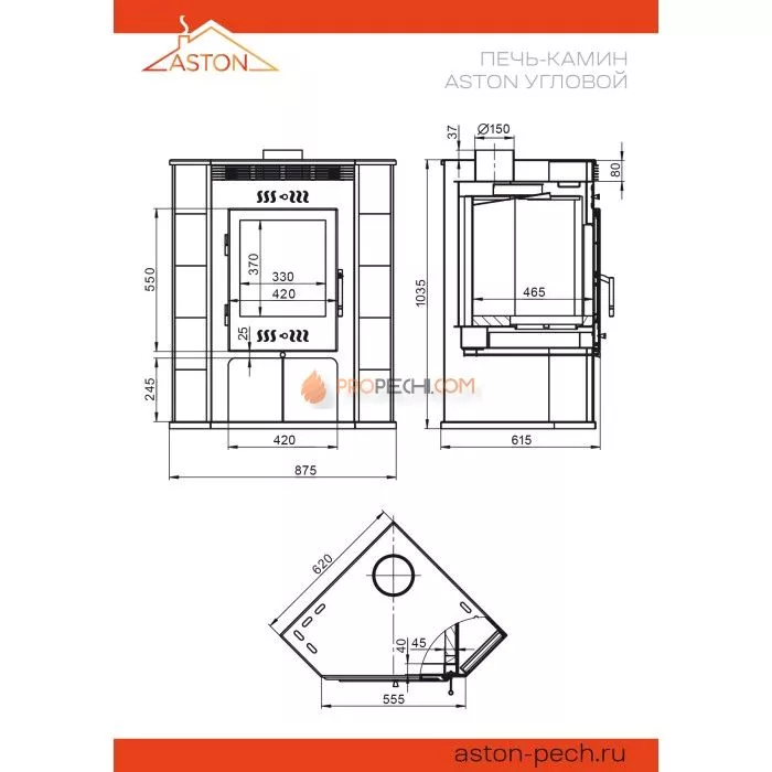 Печь-Камин ASTON 11 кВт (180 м³) угловой d 150мм
